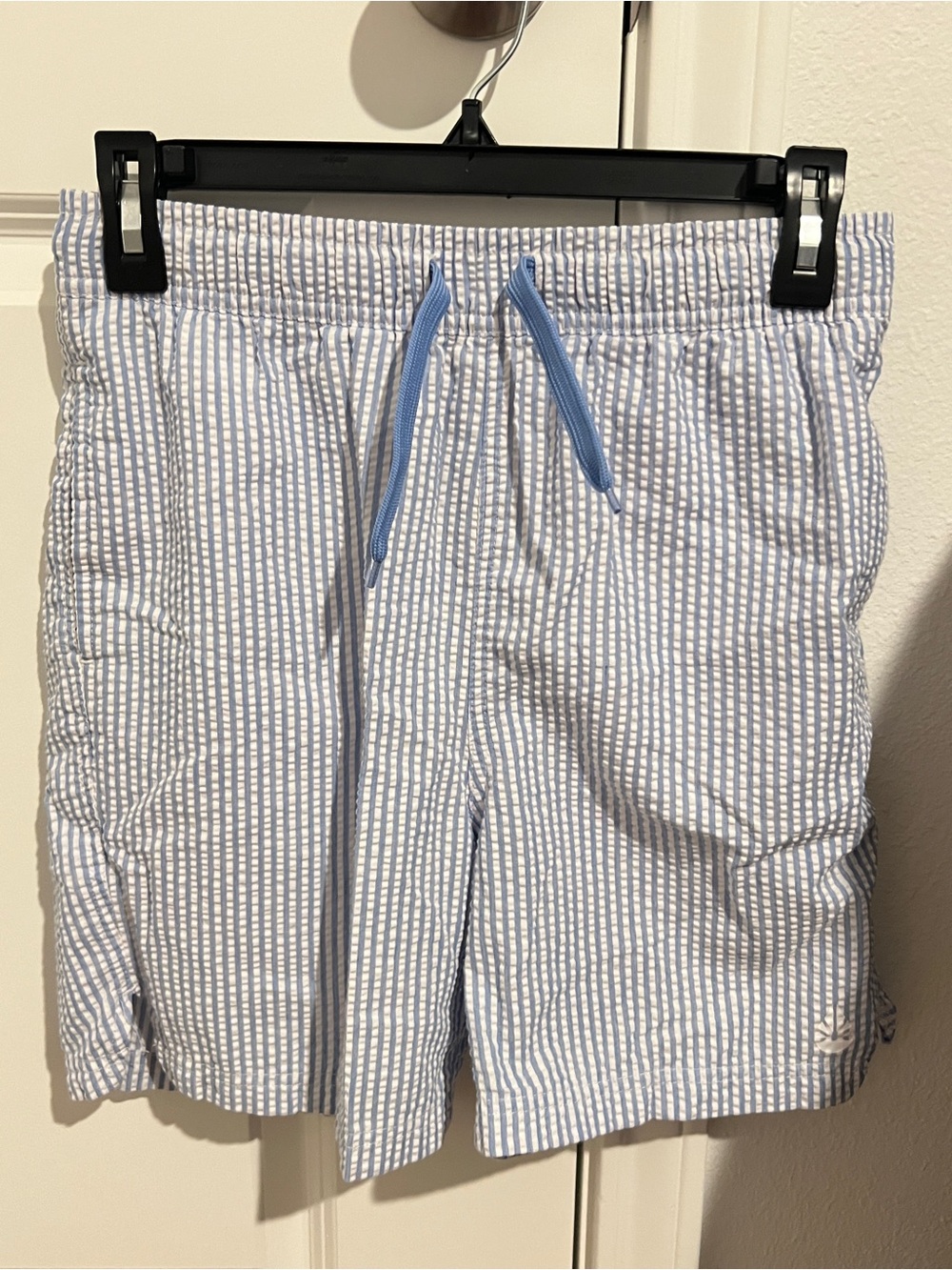 Boys Light Blue Seersucker Swim Trunks
